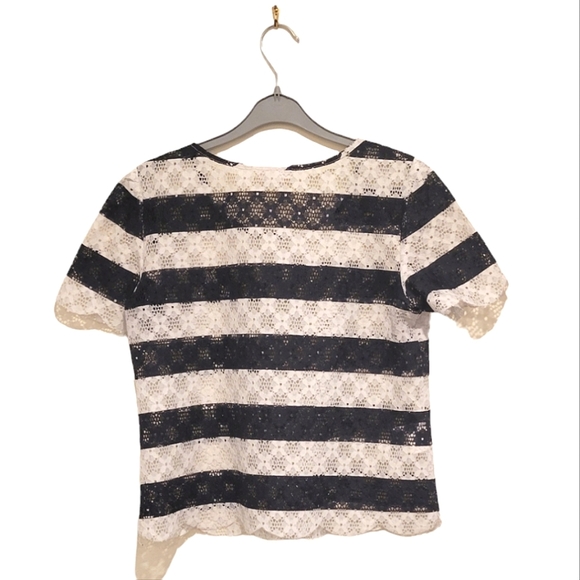 2/$18 BCBGeneration Lace Short Sleeve Striped Top Navy White Mesh Blouse S - Picture 2 of 7